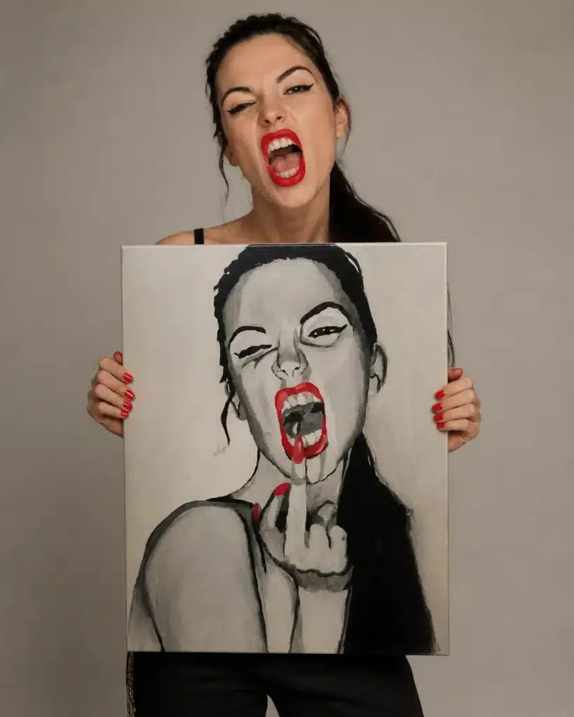 bold woman red lips black white expressive portrait painting art
