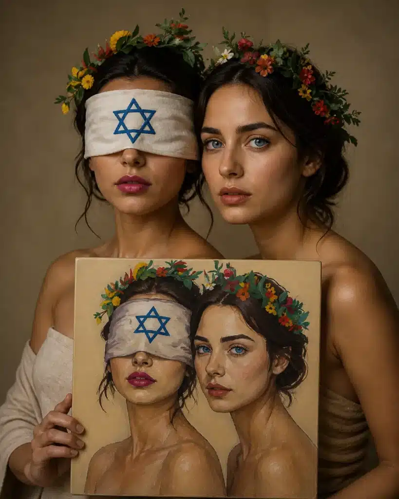 two women star of david blindfold flower crown portrait painting art