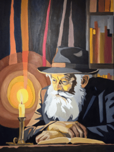 ציור רב לומד תורה לאור נר, שמן על קנבס מאת אלירן בר און